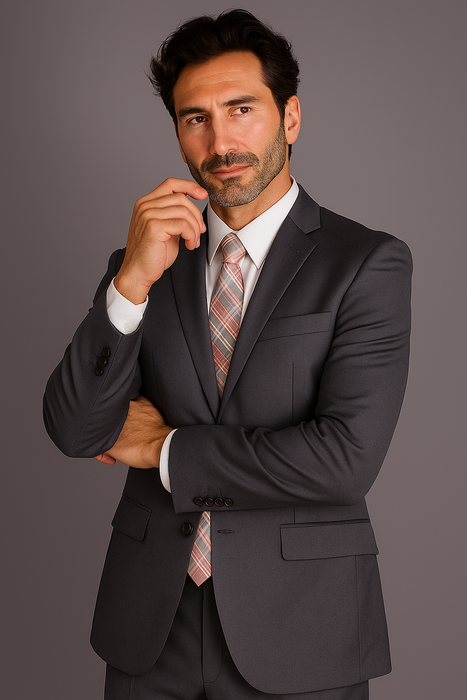 Mantoni Suit - Signature Menswear Wool Fabric SuitsOutlet -  Brand Men's 2 Button Slim Cut Suit Charcoal Gray- High End Suits - High Quality Suits