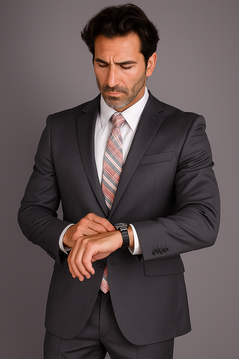 Mantoni Suit - Signature Menswear Wool Fabric SuitsOutlet -  Brand Men's 2 Button Slim Cut Suit Charcoal Gray- High End Suits - High Quality Suits