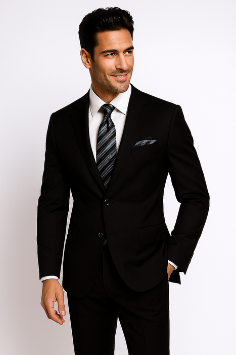 Mantoni Suit Brand 2 Button Solid Black Suit - High End Suits - High Quality Suits
