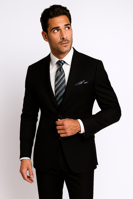 Mantoni Suit Brand 2 Button Solid Black Suit - High End Suits - High Quality Suits