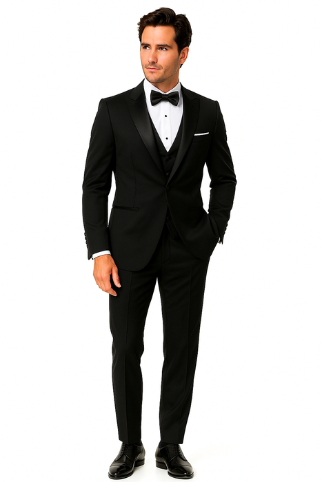 Mantoni Suit - Signature Menswear Wool Fabric SuitsOutlet - Brand Men's Peak Lapel 1 Button Solid Black Tuxedo Suit - High End Suits - High Quality Suits