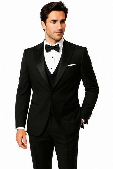 Mantoni Suit - Signature Menswear Wool Fabric SuitsOutlet - Brand Men's Peak Lapel 1 Button Solid Black Tuxedo Suit - High End Suits - High Quality Suits