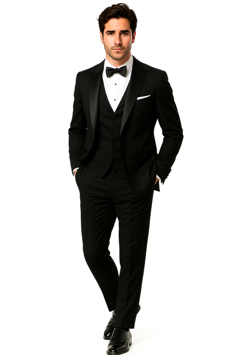 Mantoni Suit - Signature Menswear Wool Fabric SuitsOutlet - Brand Men's Peak Lapel 1 Button Solid Black Tuxedo Suit - High End Suits - High Quality Suits