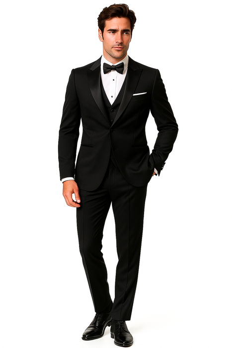 Mantoni Suit - Signature Menswear Wool Fabric SuitsOutlet - Brand Men's Peak Lapel 1 Button Solid Black Tuxedo Suit - High End Suits - High Quality Suits