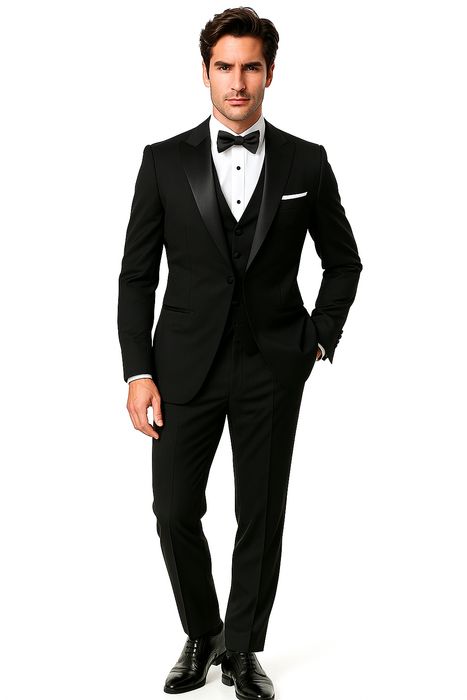 Mantoni Suit - Signature Menswear Wool Fabric SuitsOutlet - Brand Men's Peak Lapel 1 Button Solid Black Tuxedo Suit - High End Suits - High Quality Suits