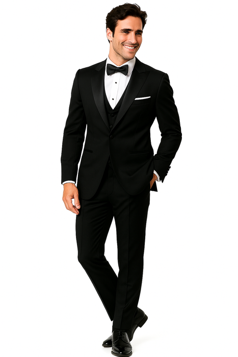 Mantoni Suit - Signature Menswear Wool Fabric SuitsOutlet - Brand Men's Peak Lapel 1 Button Solid Black Tuxedo Suit - High End Suits - High Quality Suits