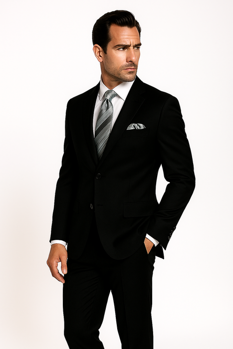 Mantoni Suit - Signature Menswear Wool Fabric SuitsOutlet - Brand Men's 2 Button Suit Black- High End Suits - High Quality Suits