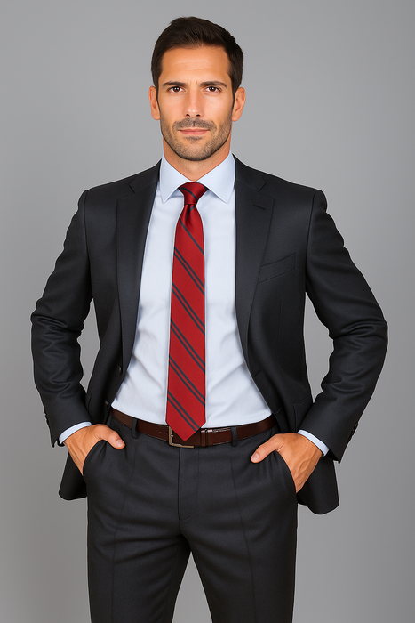 Men's Mantoni Suit - Signature Menswear Wool Fabric SuitsOutlet - Brand patterned 2-button Dark Grey Suit - High End Suits - High Quality Suits