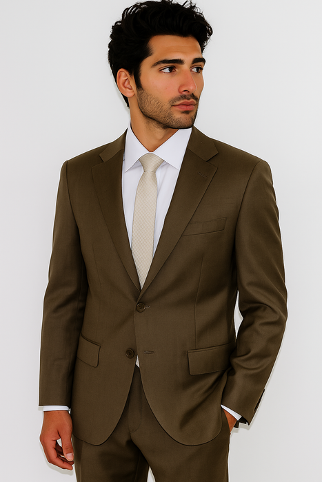 Men's Classic 2 Button Super 140's Suit in Taupe - Light Olive  Mantoni Brand - 100% Percent Wool Fabric Suit - Worsted Wool Business Suit