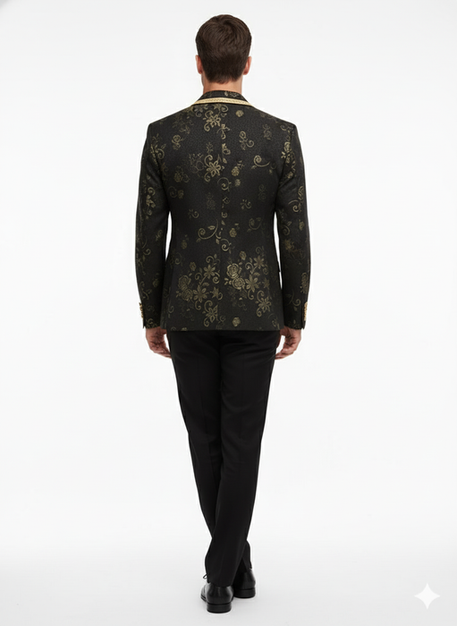 Men’s Black and Gold Embroidered Luxury Blazer – Designer Floral Pattern Wedding & Party Jacket (Sim534)