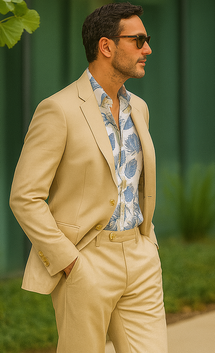 3 Piece Linen Suit - Khaki Mens Suit - Vested summer Suit