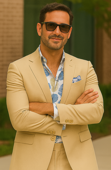 3 Piece Linen Suit - Khaki Mens Suit - Vested summer Suit