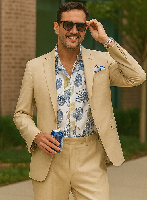 3 Piece Linen Suit - Khaki Mens Suit - Vested summer Suit