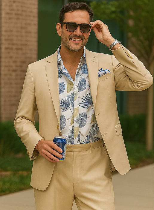 3 Piece Linen Suit - Khaki Mens Suit - Vested summer Suit