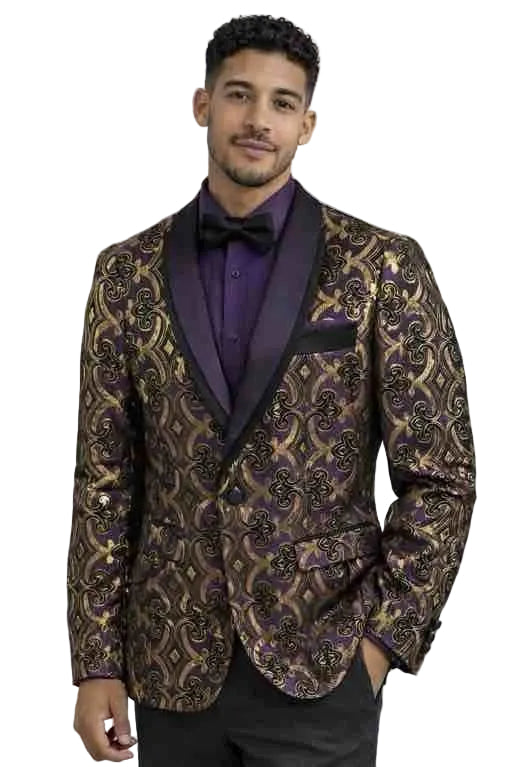 Mens Gold and Purple Paisley Tuxedo Blazer – Luxury Floral Pattern Dinner Jacket with Black Shawl Lapel