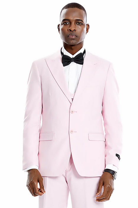 Graduation Suit - Men's Two Button Vested Peak Lapel Pastel Wedding & Prom Suit in Pink