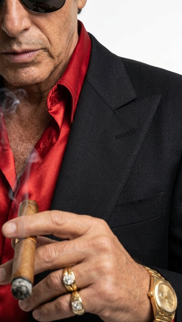 Tony Montana’s Black Blazer with Red Sateen Shirt – Men’s Black Formal Blazer and Red Satin Style Shirt Outfit for Party, Wedding and Vintage Wear
