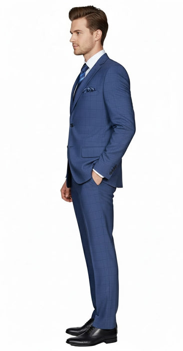 Mens Indigo Navy Blue Windowpane Check Suit – Classic 2-Piece Formal Business and Wedding Wear Set in Cobalt Blue