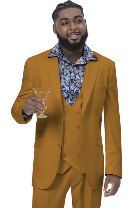 Modern Fit Wide Lapel Suit - Peak Lapel Suit with Double breasted Vest in Black - Navy Blue - Gold - Charcoal - Brown - Purple - Hunter
