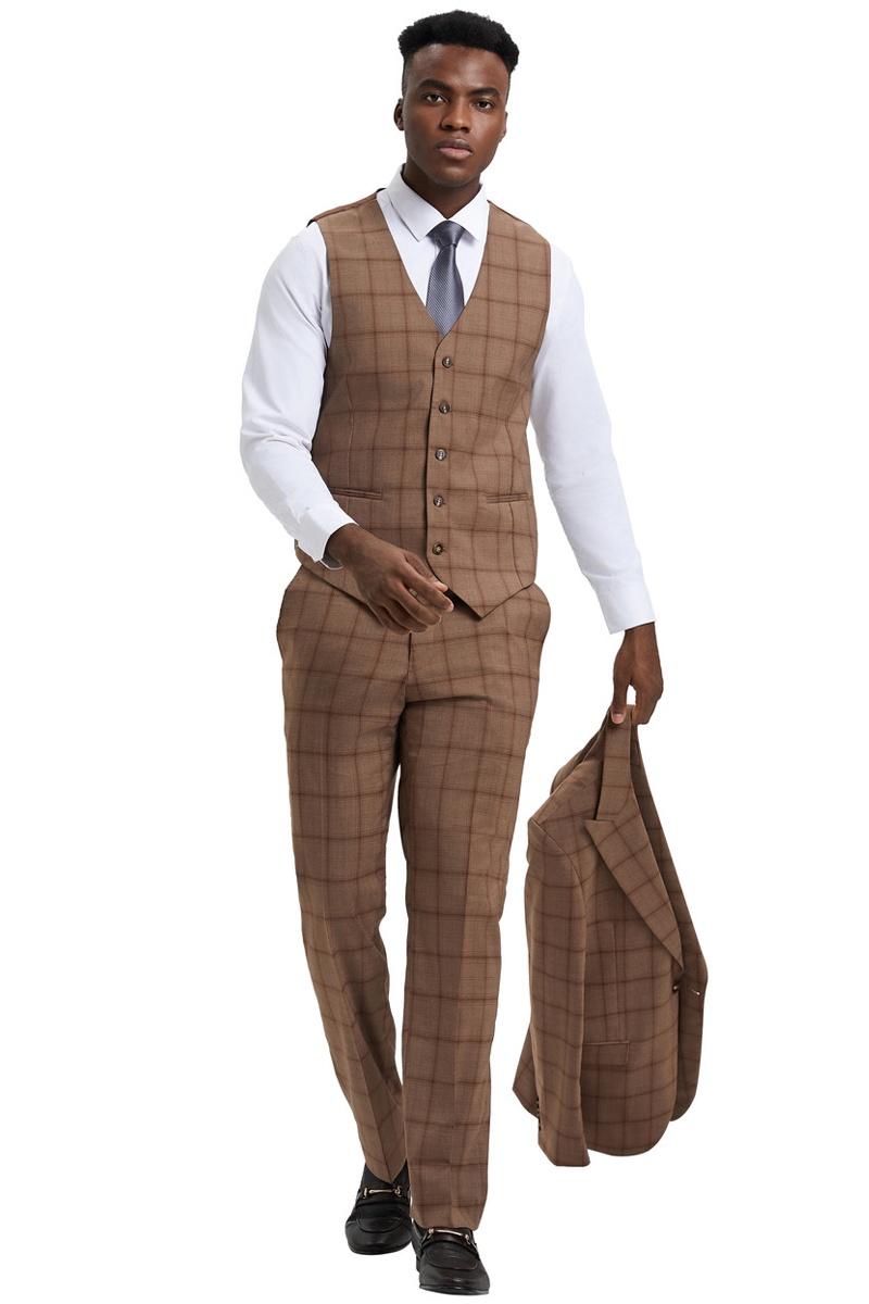 Men's Stacy Adams One Button Vested Suit in Light Brown Windowpane Plaid - Image 2