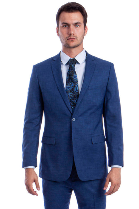 "Modern Fit Men's Summer Suit - Two Button Linen Look, Medium Blue"