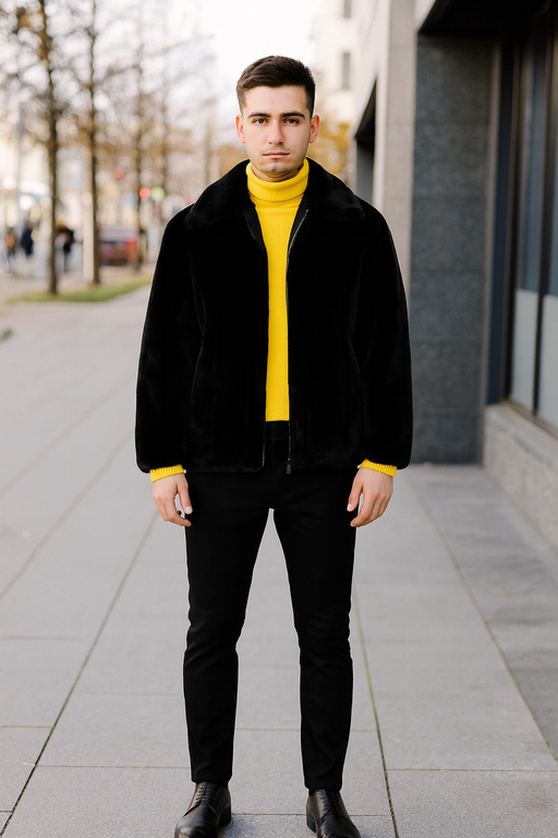 Men’s Black Faux Fur Jacket – Luxury Winter Zip-Up Coat with Soft Plush Finish