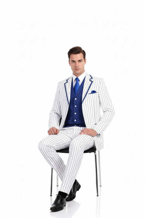 Men’s White and Royal Blue Pinstripe 3-Piece Suit – Classic Fit Blazer with Vest, Pants, and Tie