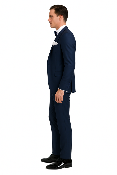 Men’s Navy Blue Tuxedo with Satin Peak Lapel with navy sateen – 3 Piece Formal Suit with Vest and Bow Tie