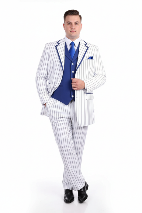Men’s White and Royal Blue Pinstripe 3-Piece Suit – Classic Fit Blazer with Vest, Pants, and Tie