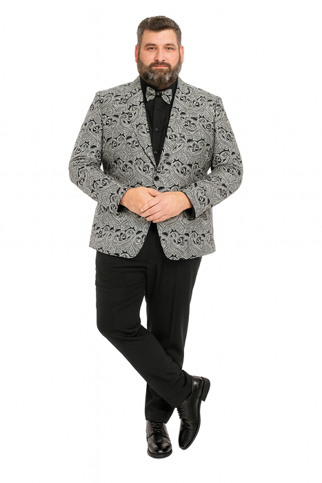 Men’s Black and Silver Paisley Tuxedo Jacket – Slim Fit Dinner Blazer with Matching Bow Tie with Black Pants $169