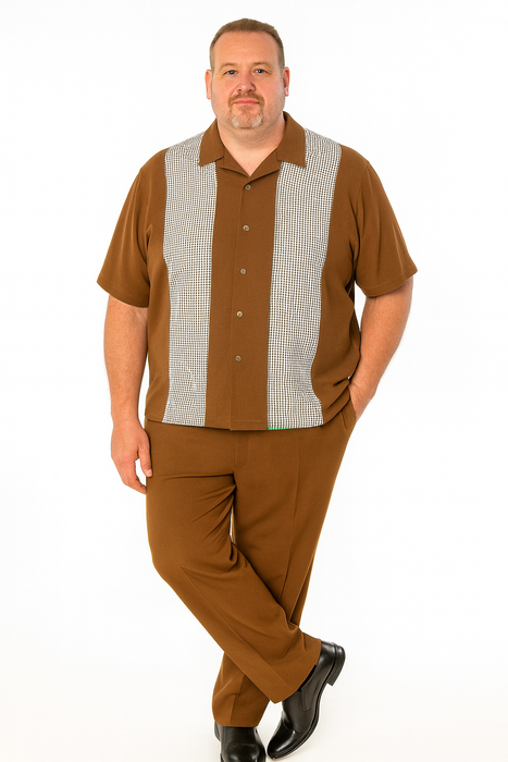 Men’s Cognac Tan Two-Piece Outfit – Short Sleeve Button-Up Shirt and Pants Set