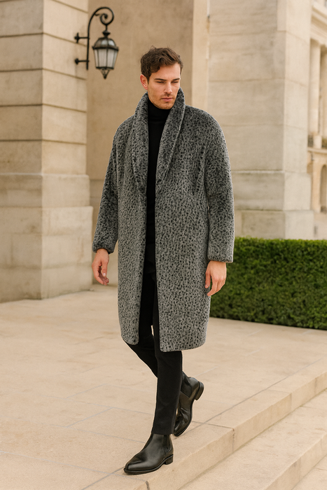 Men’s Luxury Long Grey Faux Fur Coat – Winter Overcoat with Animal Print Design