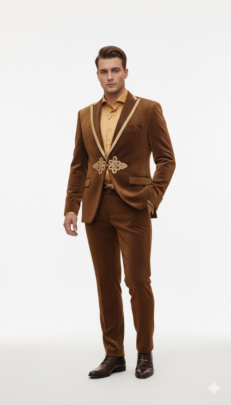blazer wedding party dress for men Mens Bronze Shiny Velvet Suit – Designer and Wear and Pant Set Brown and Gold Tuxedo Bronze / L Modern Dressing Table with Elegant white floral tuxedo feb exclusive Color:Black White Stripe