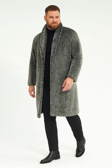 Men’s Luxury Long Grey Faux Fur Coat – Winter Overcoat with Animal Print Design