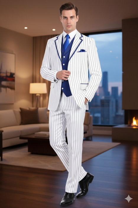 Men’s White and Royal Blue Pinstripe 3-Piece Suit – Classic Fit Blazer with Vest, Pants, and Tie
