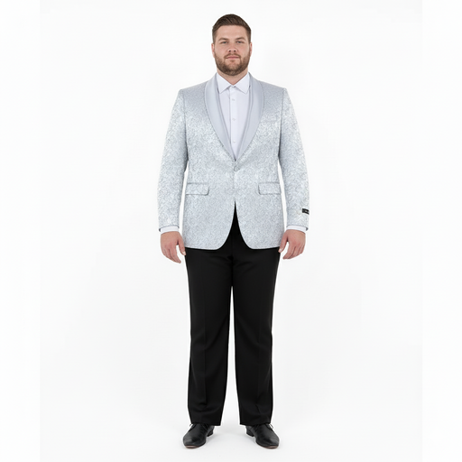 Big and Tall Men’s Silver Gray Paisley Tuxedo Jacket – Satin Shawl Lapel Blazer for Weddings, Proms, and Formal Events