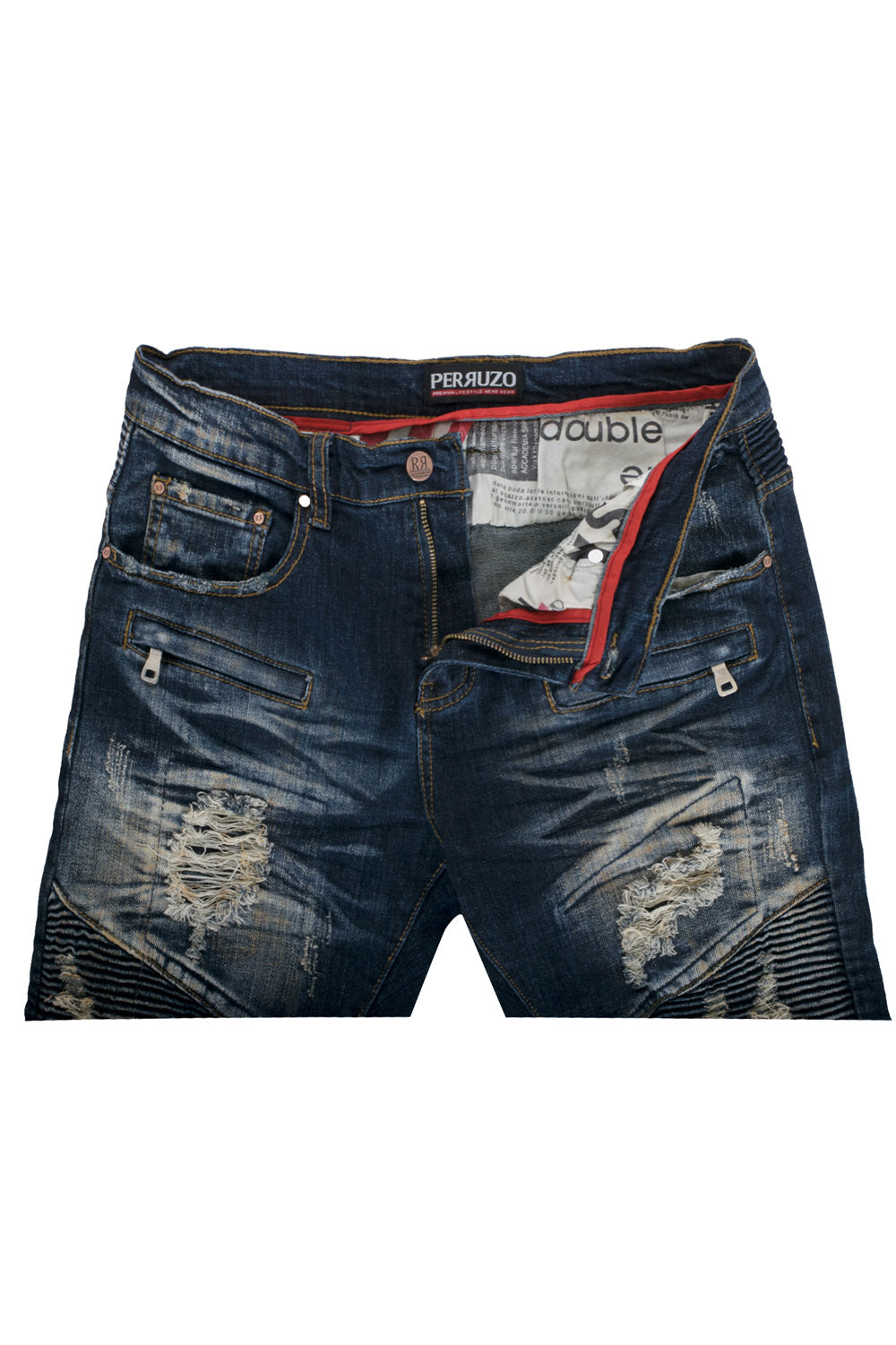 Distressed Moto Jeans in demin