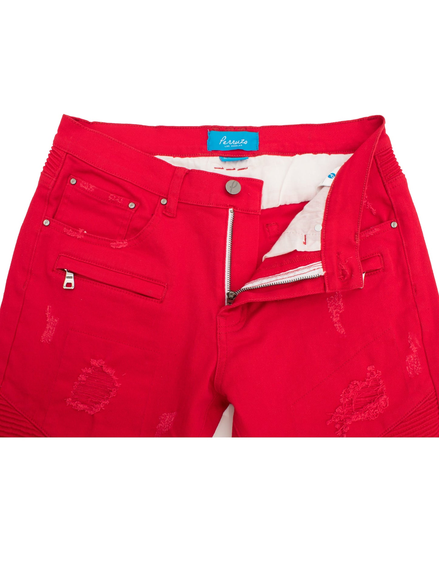 Distressed Moto Jeans in Red color