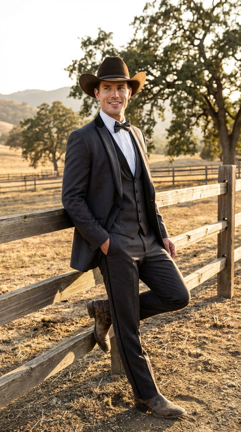 western formal dress for male Charcoal Gray Tuxedo Men rtly-ship-to:brandworks
