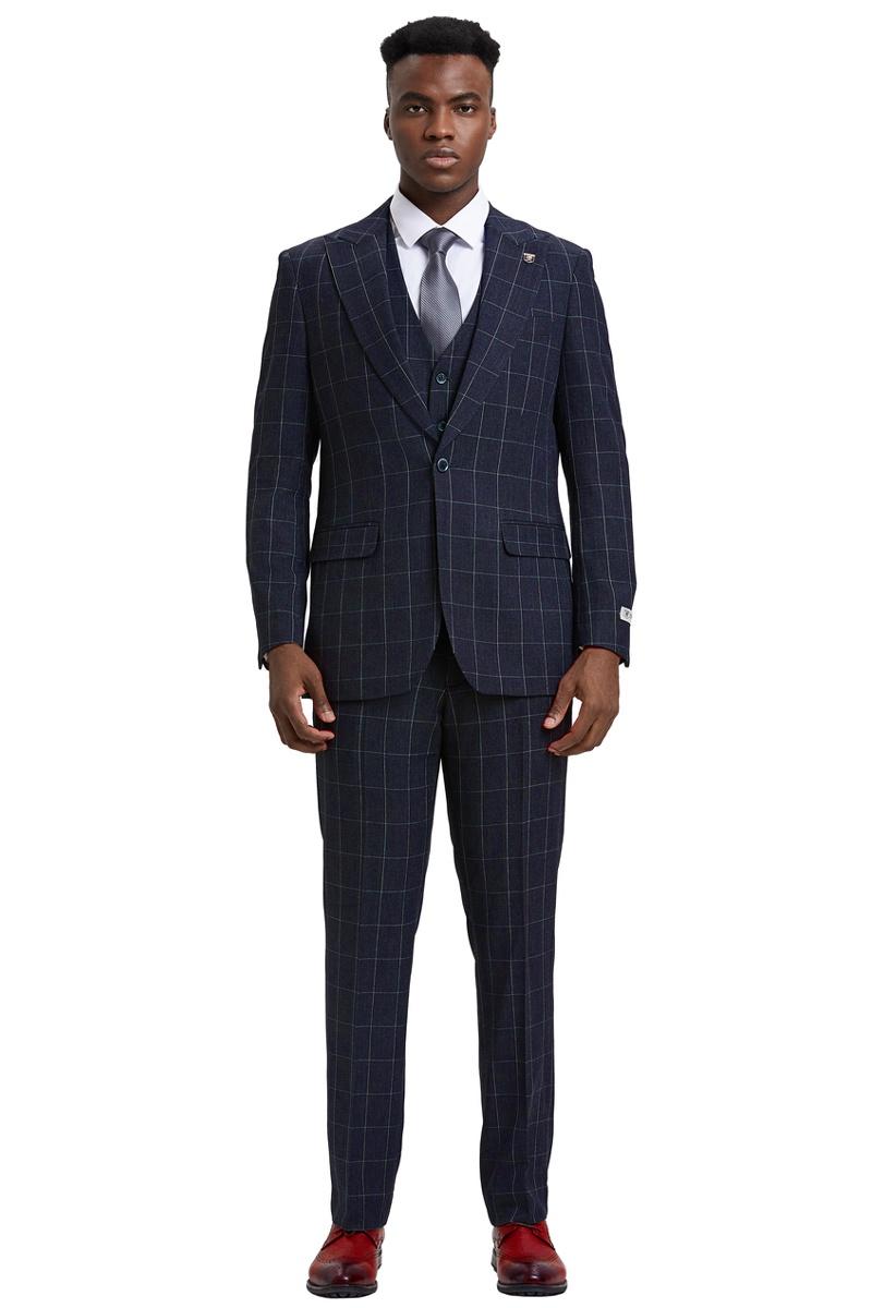 Men's Stacy Adams Vest Classic Bold Windowpane Suit in Navy Blue - Image 2