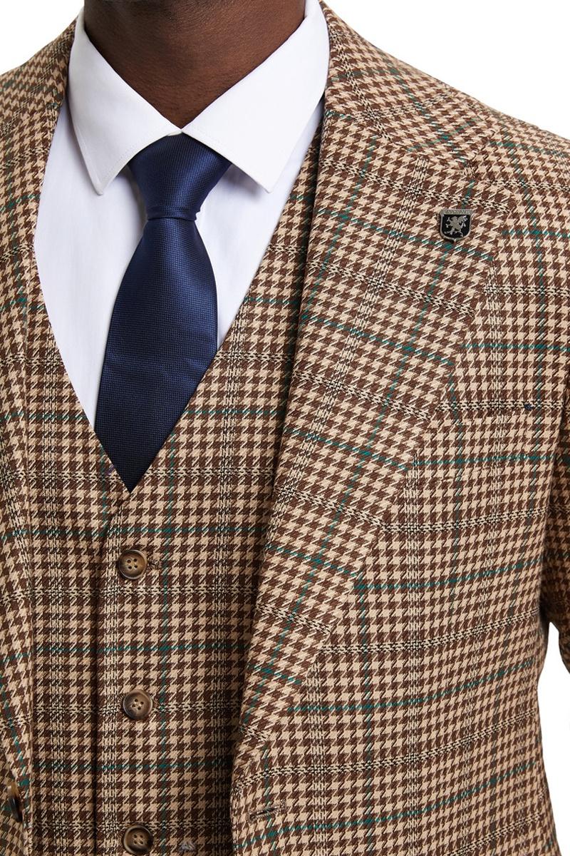 Men's Stacy Adams Vested Modern Fit Houndstooth Glen Plaid Suit in Camel & Green - Image 6