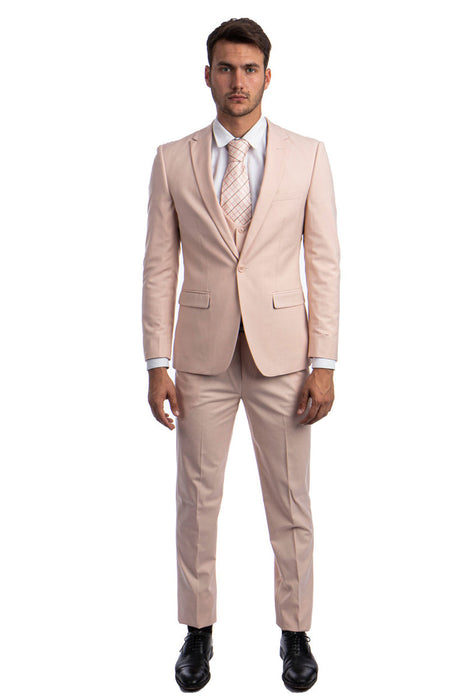 Graduation Suit - Men's One Button Peak Lapel Skinny Wedding & Prom Suit with Lowcut Vest in Blush Pink