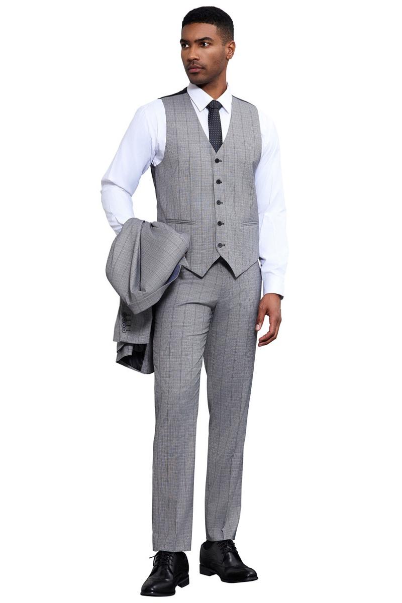 Men's Stacy Adams Modern Fit Vested Tonal Windowpane Plaid Suit in Light Grey - Image 4