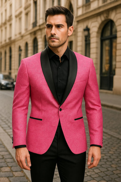 Men’s Hot Pink Tuxedo Suit With Black Pants Paisley Patter with Black Shawl Lapel - Fuchsia Color Prom Suit