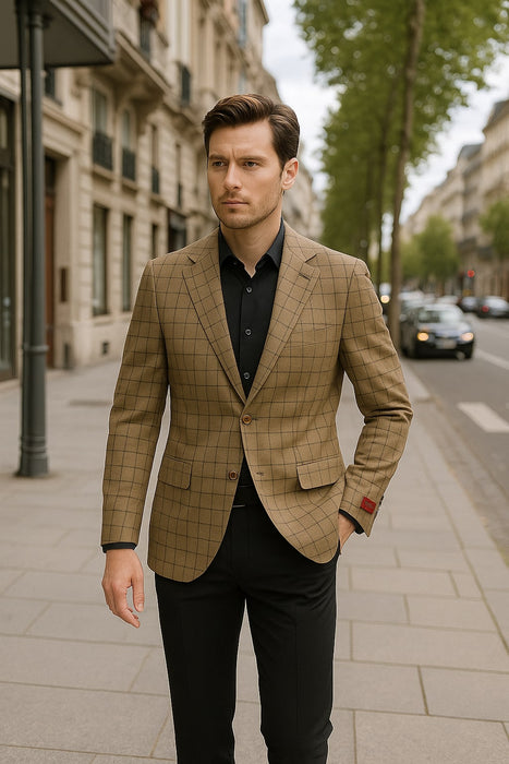 Men's Tan Plaid Blazer – Windowpane Checkered Taupe Colar with Conservative burgunsih Pattern Mix Perfect For Business