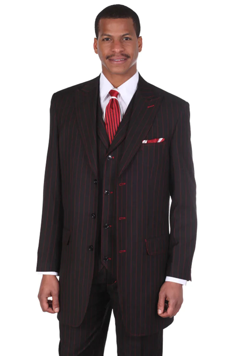 Men's Vintage Vested Gangster Bold Pinstripe Fashion Suit in Black and Red