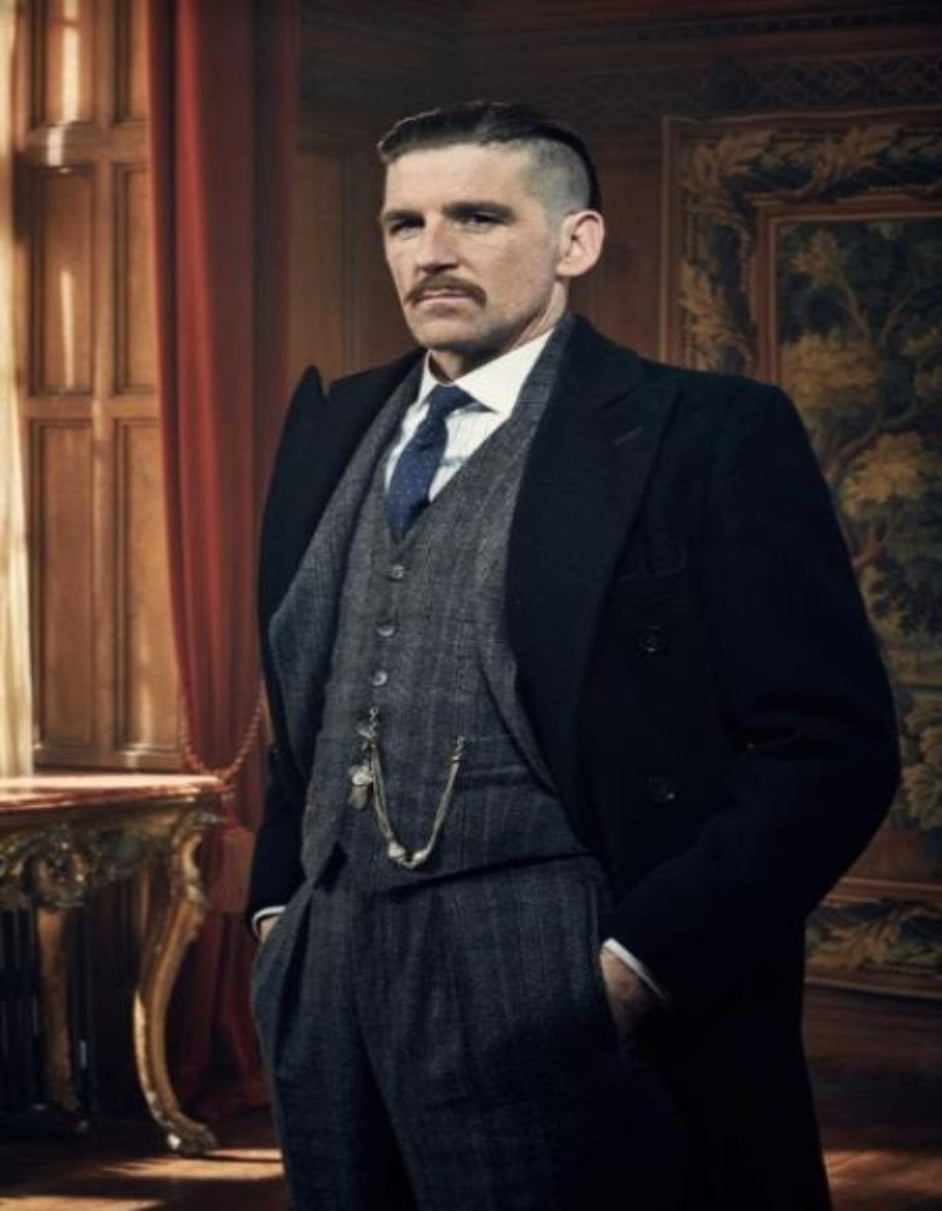 Arthur Shelby Vested Gray Plaid Peaky Blinders Suits - Peaky Blinders Outfit + Black Double Breasted Overcoat (Peaky Blinder Custome)