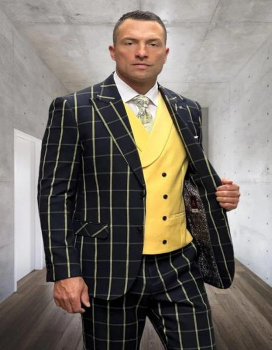 Athletic Suit - Black ~ Yellow Windowpane - Plaid Suit Modern Fit Side Vented Super 150's Wool Fabric - 100% Percent Wool Fabric Suit - Worsted Wool Business Suit