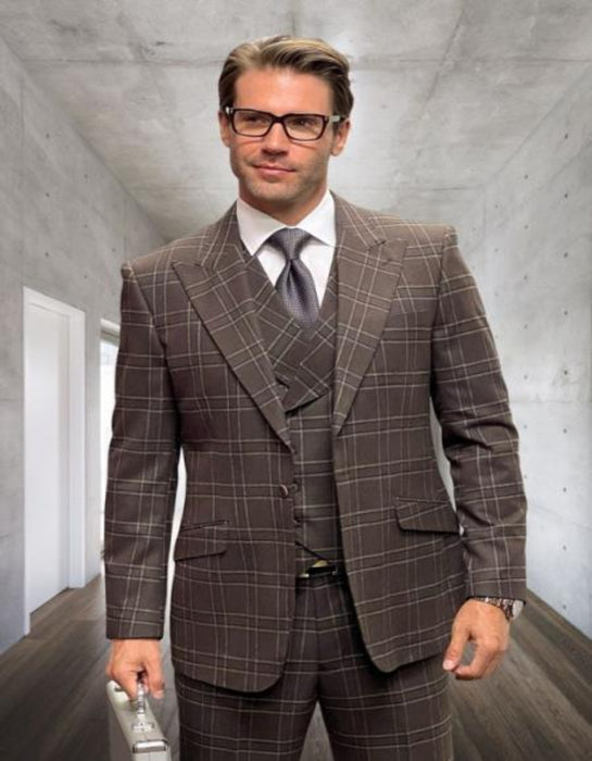 Athletic Suit - Brown Windowpane - Plaid Suit Modern Fit Side Vented Super 150's Wool Fabric - 100% Percent Wool Fabric Suit - Worsted Wool Business Suit