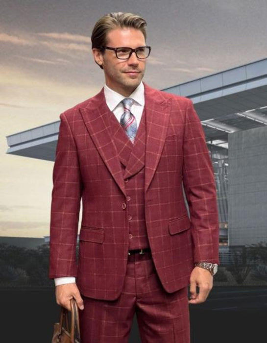 Athletic Suit - Burgundy Windowpane - Plaid Suit Modern Fit Side Vented Super 150'S Wool Fabric